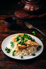 White rice with scrambled eggs with chicken and green onion