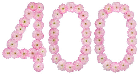 Numeral 400, four hundred, from natural pink flowers of almond tree, isolated on white background