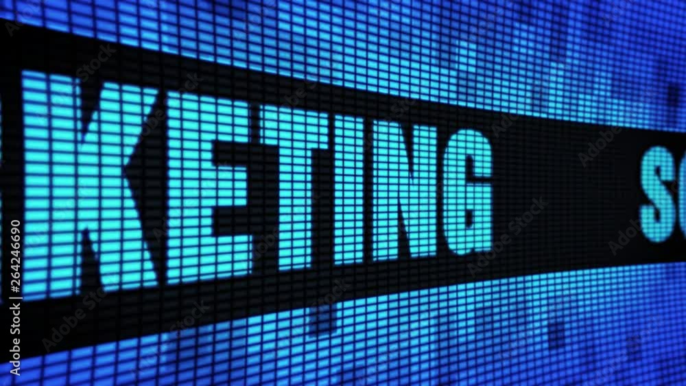Poster social marketing side text scrolling on light blue digital led display board pixel light screen loop