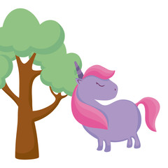 cute unicorn animal with tree plant