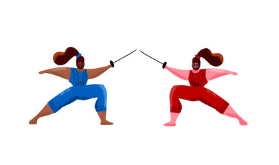 Fototapeta premium Fencing women mask training duel, swordswoman gym activity hand drawn cartoon illustration. Black and white girls doing rapier fencing, sword fighting.Two fencing famale athletes. Flat textured vector