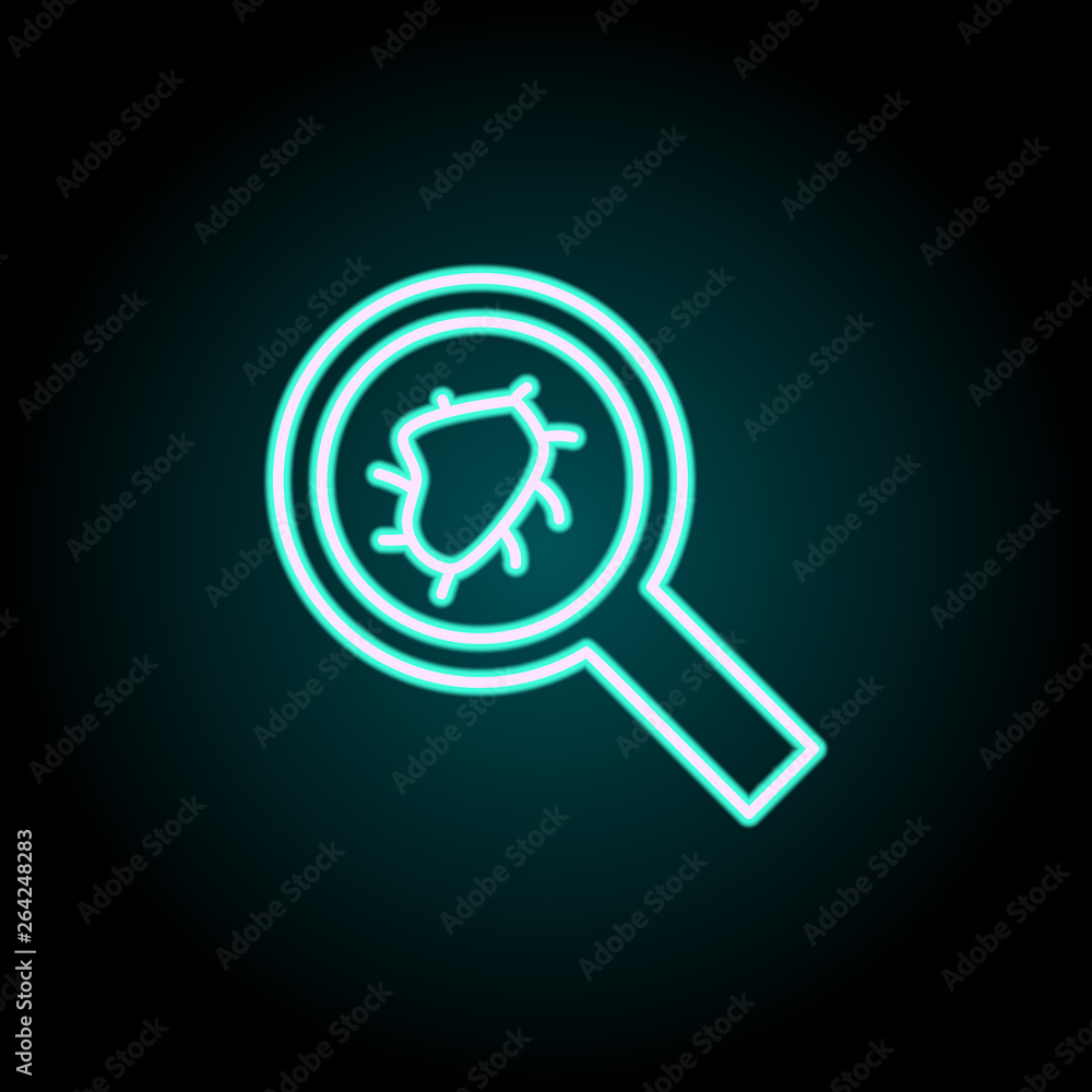 Poster a microbe under a magnifying glass neon icon. elements of virus, antivirus set. simple icon for webs