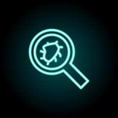 a microbe under a magnifying glass neon icon. Elements of Virus, antivirus set. Simple icon for websites, web design, mobile app, info graphics