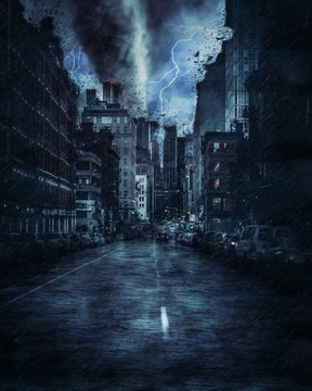 New york street during the heavy tornado storm, rain and lighting in New York, creative picture.