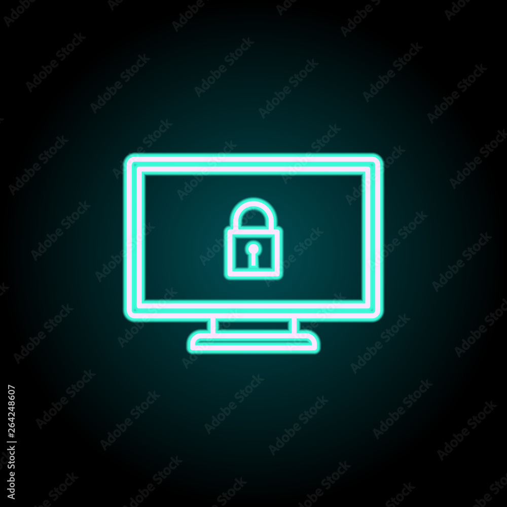 Poster lock on the monitor neon icon. elements of virus, antivirus set. simple icon for websites, web desig