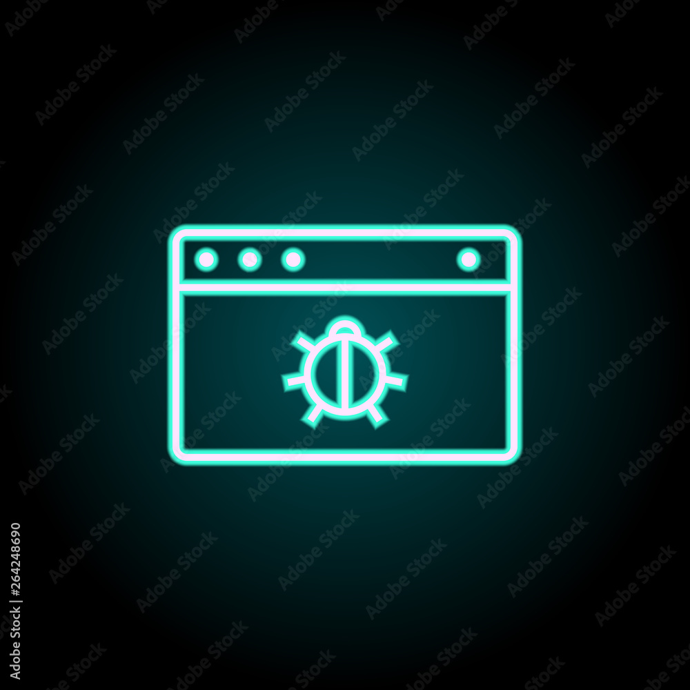 Poster bug in the browser neon icon. elements of virus, antivirus set. simple icon for websites, web design