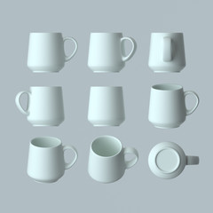 Set tea cup isolated on grey front view. 3D illustration. Parallel perspective.