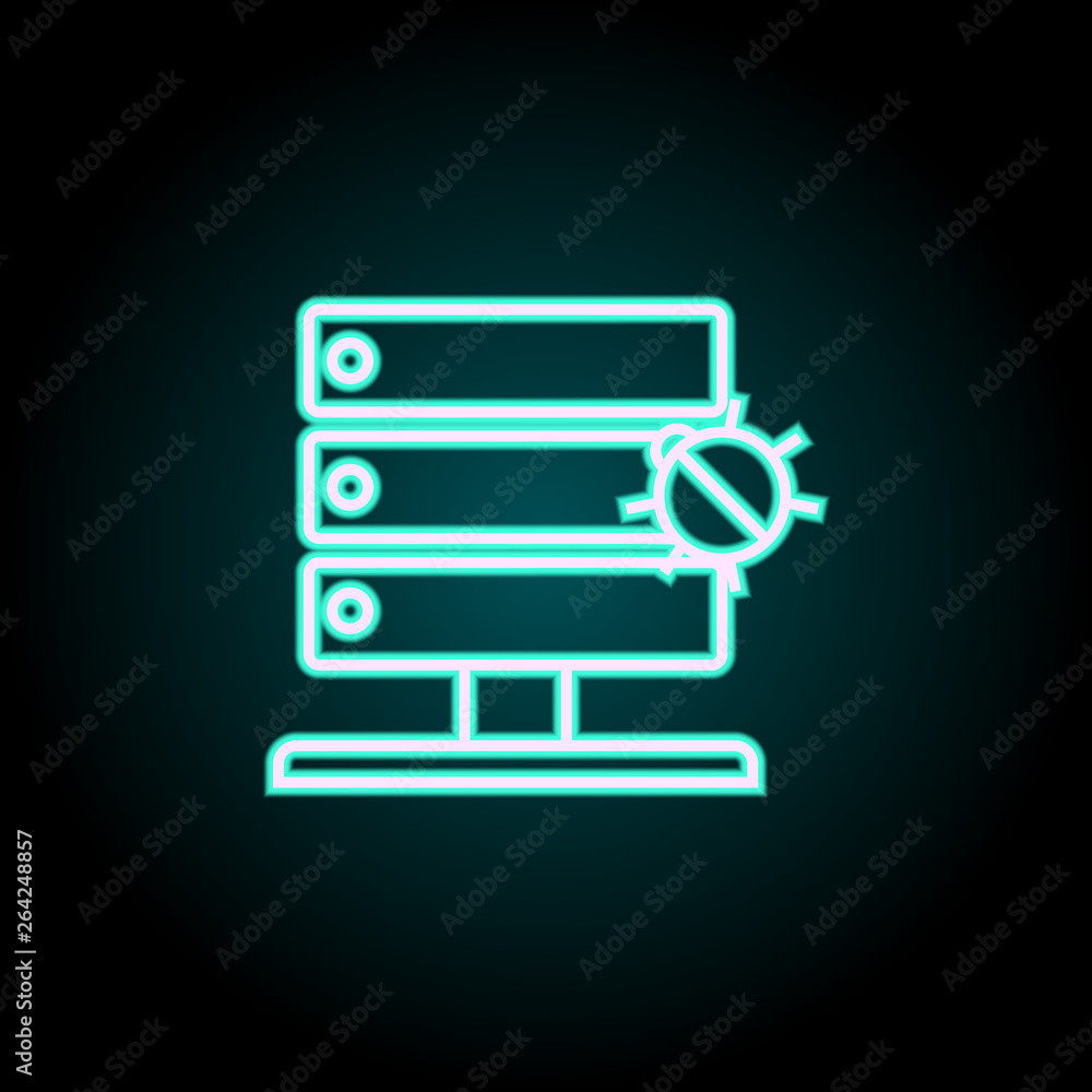 Poster beetle in the server neon icon. elements of virus, antivirus set. simple icon for websites, web desi