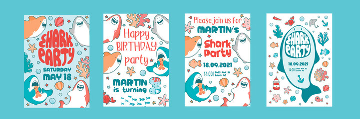 Invitations childrens holiday. Cute shark, sea fish, baby illustration