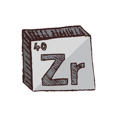 Vector three-dimensional hand drawn chemical gray silver symbol of zirconium with an abbreviation Zr from the periodic table of the elements isolated on a white background.