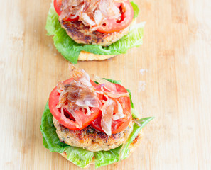 Deconstructed Chicken Hamburger / Burger High Angle Photo. Jusk Food, Fast Food, American Popular Food Concept.