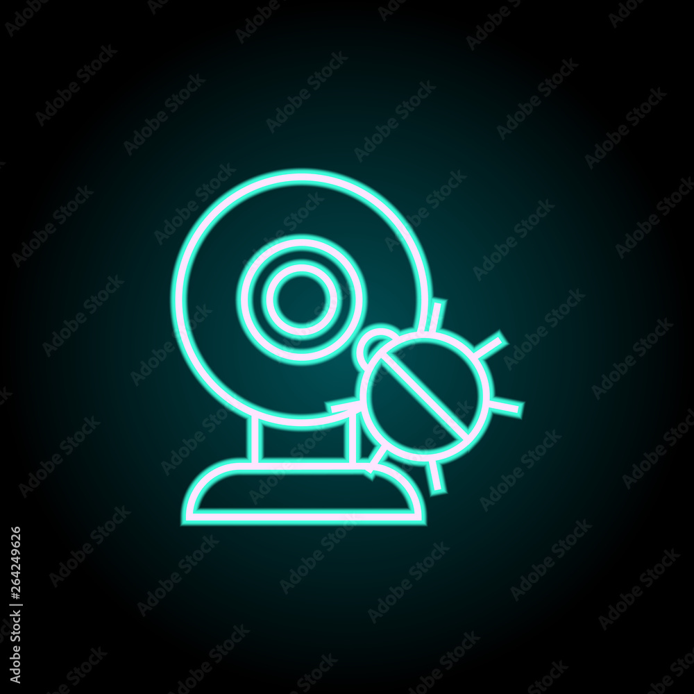 Poster bug in web camera neon icon. elements of virus, antivirus set. simple icon for websites, web design,
