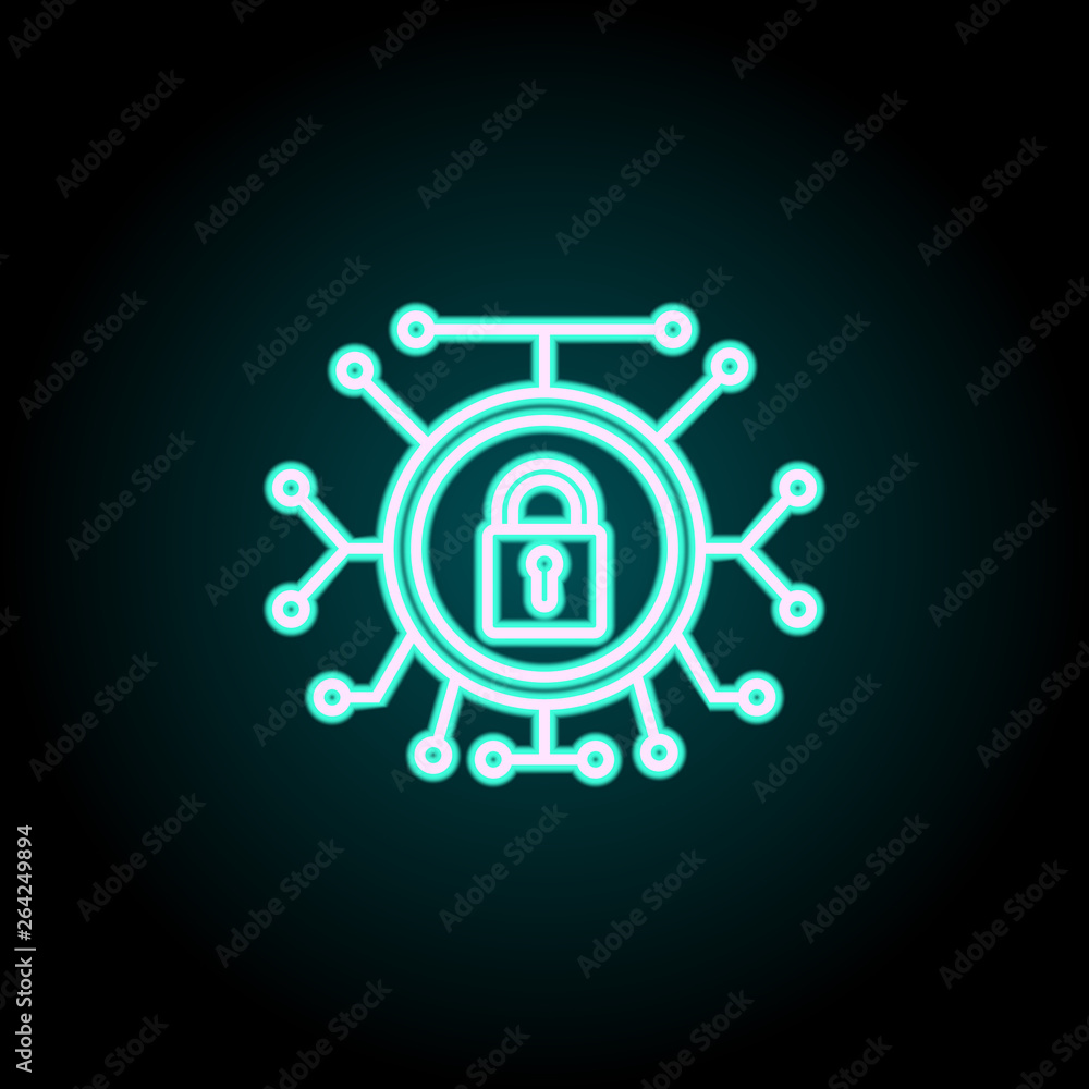 Poster lock the system neon icon. elements of virus, antivirus set. simple icon for websites, web design, m