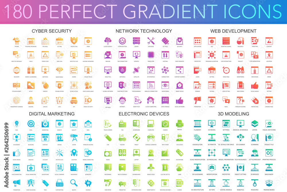 Poster 180 trendy perfect gradient icons set of cyber security, network technology, web development, digita