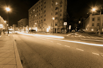 long exposure night city, sepia color old film, russia, moscow