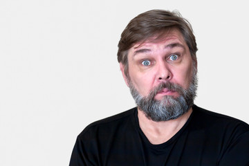 A surprised middle aged man with a beard.