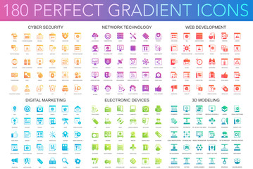 Fototapeta na wymiar 180 trendy perfect gradient icons set of cyber security, network technology, web development, digital marketing, electronic devices, 3d modeling.