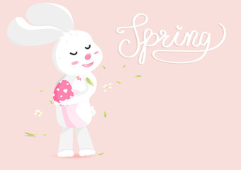 Bunny with spring, calligraphy greeting card, Easter holiday, invitation poster background vector illustration