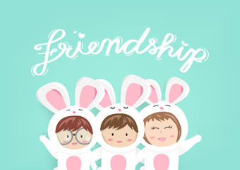 Friendship, greeting card, adorable bunny kid mascot, cute cartoon using for children celebrate invitation poster vector background
