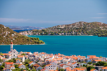 Betina and Tisno village in Croatia, Dalmatia. Murter Island. View from city of Murter.