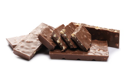 Chocolate bars with hazelnuts isolated on white background