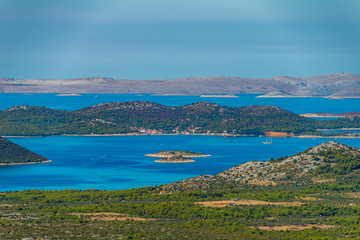 Fototapeta na wymiar Vransko Lake and Kornati Islands. View from Kamenjak hill. Dalmatia, Croatia.