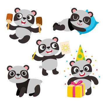 Vector set of cartoon funny panda isolated on white background.