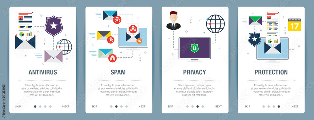 Poster vector set of vertical web banners with antivirus for protection, blocking spam, protect of privacy,