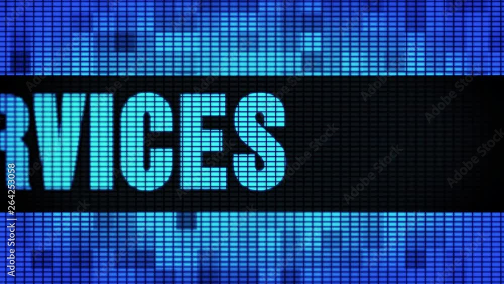 Poster cloud services front text scrolling on light blue digital led display board pixel light screen loope