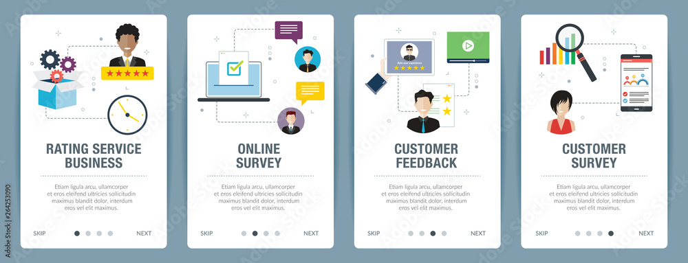 Poster vector set of vertical web banners with rating service business, online survey, customer feedback an