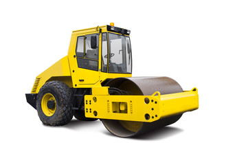 Yellow road roller side view isolated on white