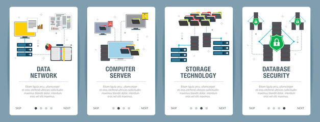 Fototapeta na wymiar Vector set of vertical web banners with data network, computer server, storage technology and database security. Vector banner template for website and mobile app development with icon set.