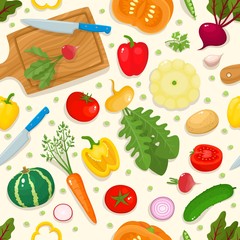 Bright vector pattern of colorful vegetables isolated on beige background