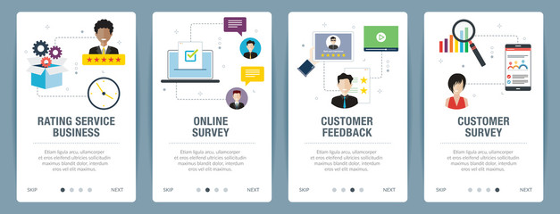 Vector set of vertical web banners with rating service business, online survey, customer feedback and customer survey. Vector banner template for website and mobile app development with icon set.