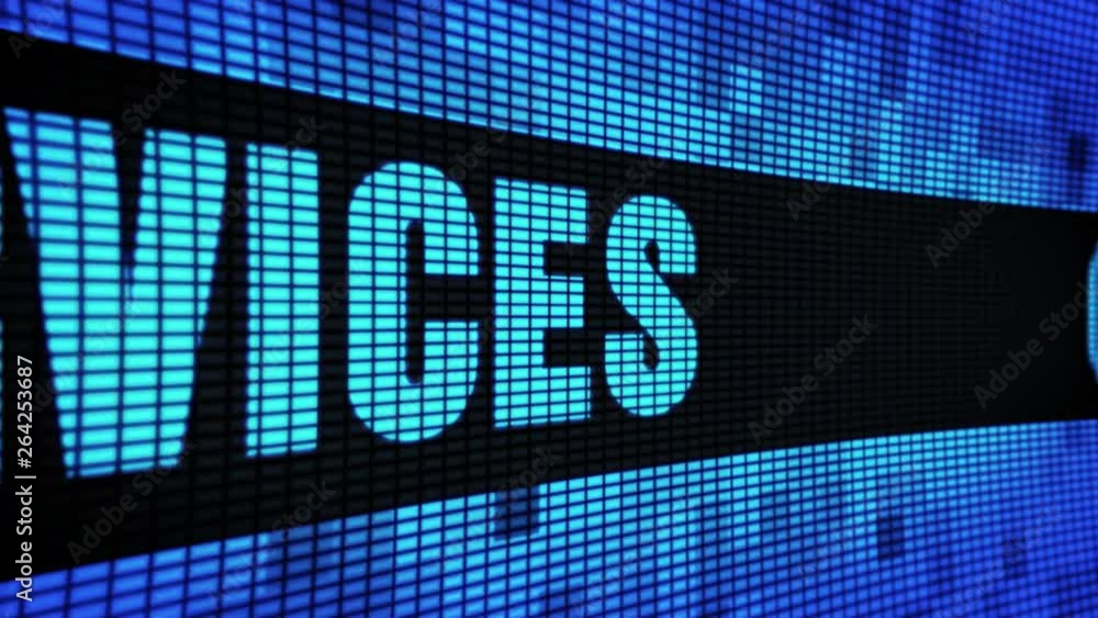 Poster cloud services side text scrolling on light blue digital led display board pixel light screen looped