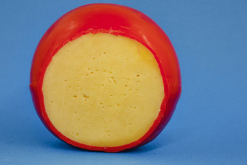 Wheel of fresh gouda cheese with a red rind on a blue monophonic background