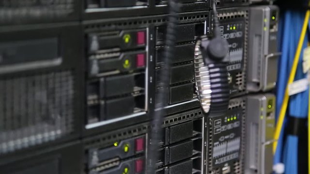 Servers in modern datacenter close up with depth of field selective focus
