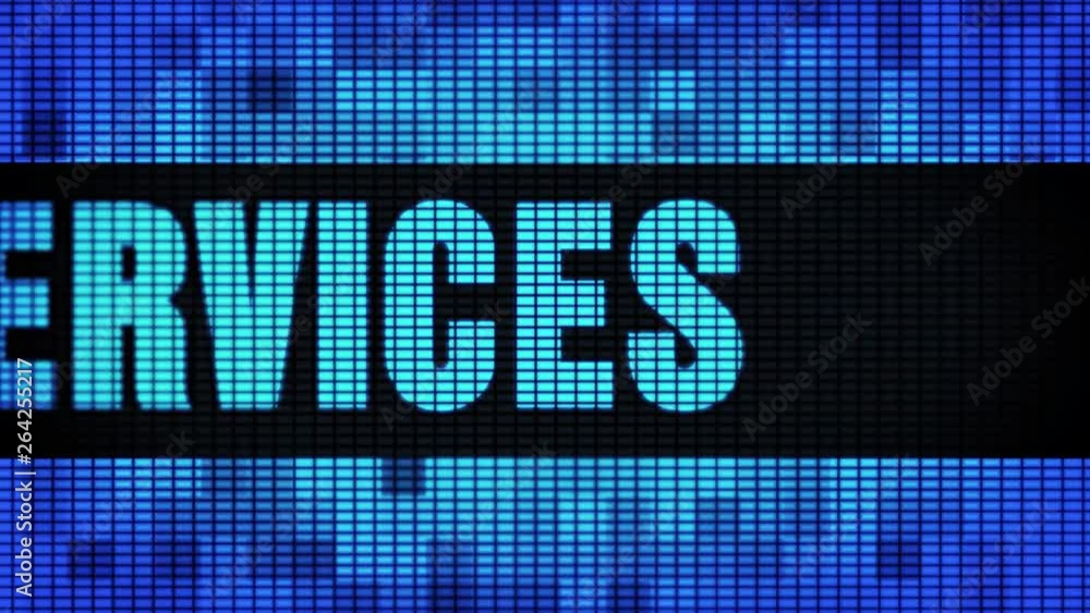 Poster banking services front text scrolling on light blue digital led display board pixel light screen loo