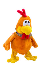 Chicken soft toy funny orange rooster, white background isolated