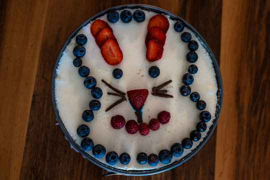 Fr&uuml;chtequark  Kuchen f&uuml;r den Sommer mit Hasengesicht aus Fr&uuml;chten
