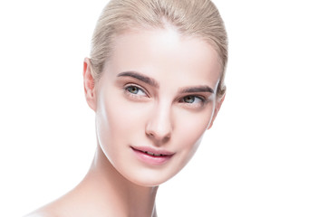 Fototapeta premium Healthy skin woman face blonde natural makeup womanbeauty skin care isolated on white