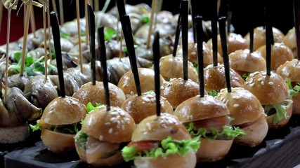 Mini canape with cheese meat and seafood close-up shot.