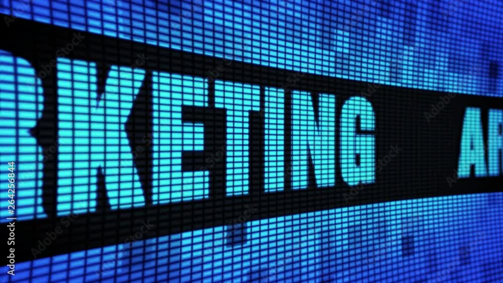 Poster article marketing side text scrolling on light blue digital led display board pixel light screen loo
