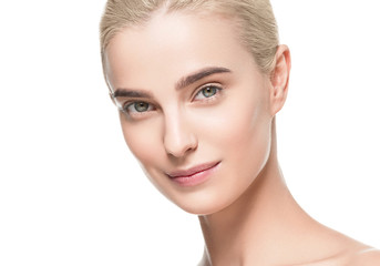 Fototapeta premium Healthy skin woman face blonde natural makeup womanbeauty skin care isolated on white