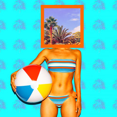 Contemporary minimal art collage. Girl in swimsuit. Vacation vibes. Zine culture concept