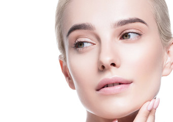Fototapeta premium Healthy skin woman face blonde natural makeup womanbeauty skin care isolated on white