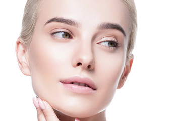 Obraz premium Healthy skin woman face blonde natural makeup womanbeauty skin care isolated on white