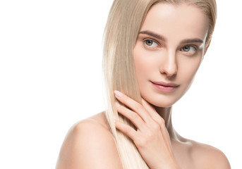 Obraz na płótnie Canvas Beautiful hair woman blonde long hairstyle beauty healthy skin face closeup