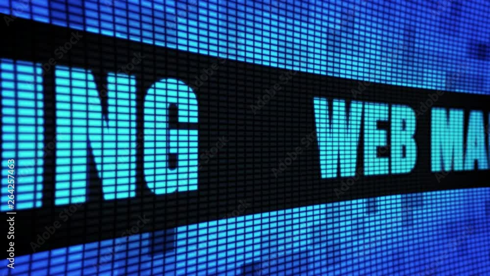 Aufkleber web marketing side text scrolling on light blue digital led display board pixel light screen looped 