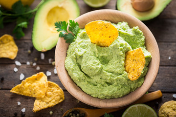 Homemade guacamole dip in the bowl